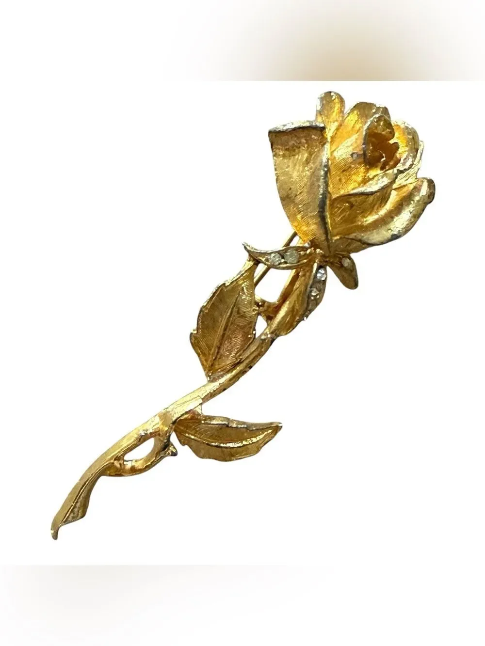 Vintage Gold Tone Long Stem Rose Brooch Pin With White Rhinestone Detail